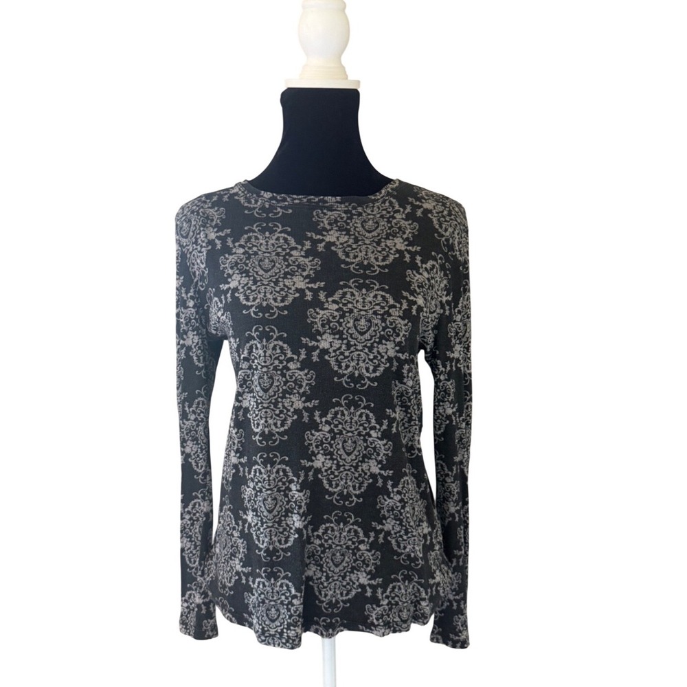 Harold's Burnout Y2K Thermal Top Women‎ Large Black Gray Damask Long Sleeve USA